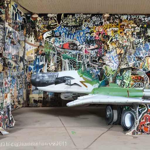 Prompt: Fairchild A-10 Thunderbolt warthog covered in street art, in bone yard