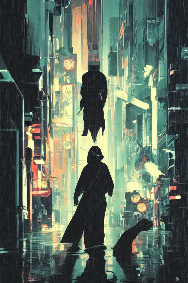 Image similar to character design, portrait, ninja, by syd mead, roger deakins, atmospheric neon rain at night, symmetry