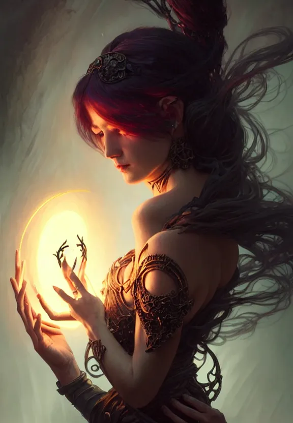 Image similar to Necromancer Sorceress in center, fantasy magic, undercut hairstyle, dark light night, intricate, elegant, sharp focus, illustration, highly detailed, digital painting, concept art, matte, art by WLOP and Artgerm and Greg Rutkowski and Alphonse Mucha, masterpiece