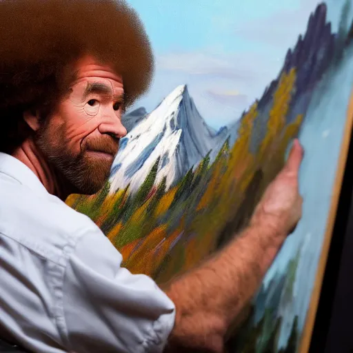 Image similar to a closeup photorealistic photograph of bob ross working on a canvas painting of the flash. film still. brightly lit scene. mountains and trees. this 4 k hd image is trending on artstation, featured on behance, well - rendered, extra crisp, features intricate detail, epic composition and the style of unreal engine.