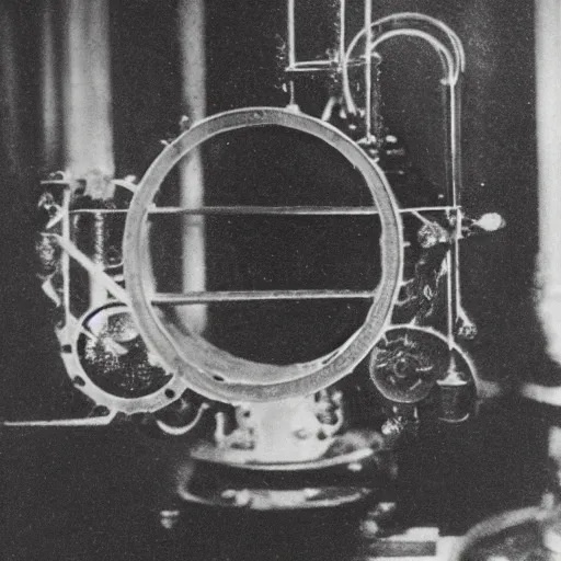 Prompt: grainy 1800s photo of a mechanical apparatus used to generate holograms