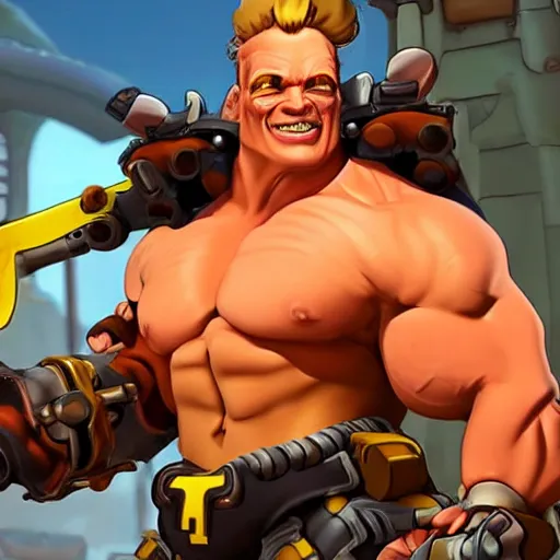 Image similar to a screenshot of arnold schwarzenegger as junkrat in overwatch