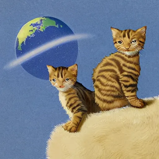 Image similar to A cartoon illustration of a fuzzy picky face kitten sitting on the top of planet earth, digital art, in the style of Norman Rockwell