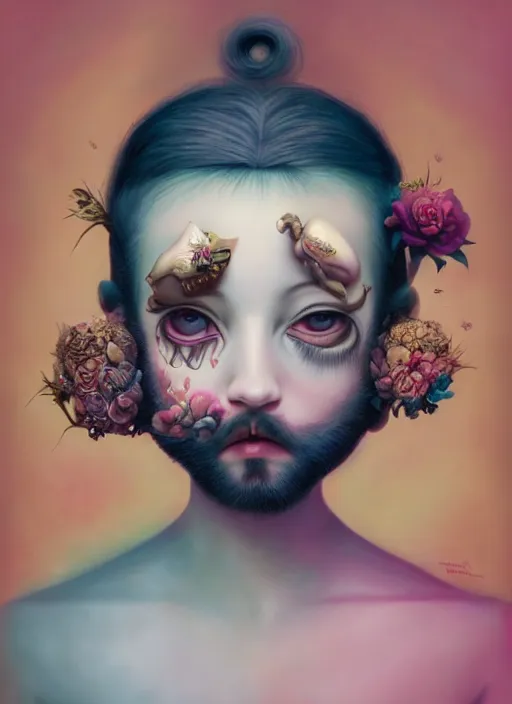 Image similar to pop surrealism, lowbrow art, realistic cute man with beard painting, japanese street fashion, hyper realism, muted colours, rococo, natalie shau, loreta lux, tom bagshaw, mark ryden, trevor brown style,