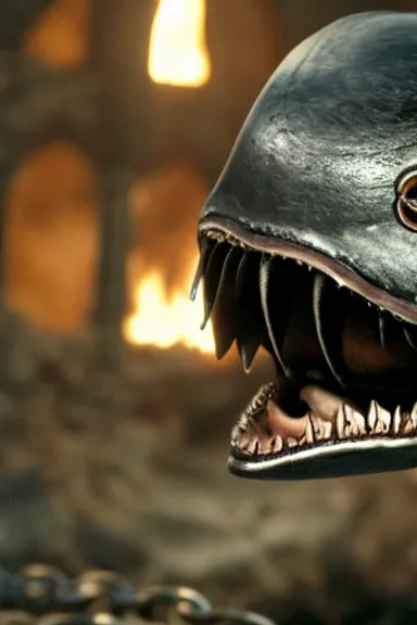 Image similar to very very intricate photorealistic photo of a chain chomp in an episode of game of thrones, photo is in focus with detailed atmospheric lighting, award - winning details