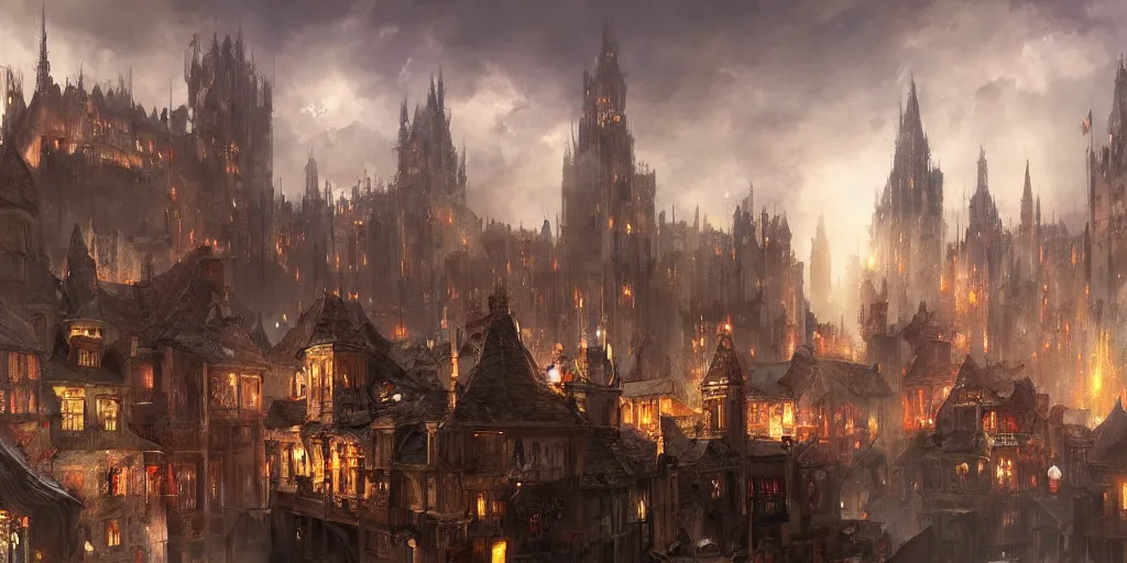 Prompt: beautiful medieval city by Raymond Swanland, trending on artstation