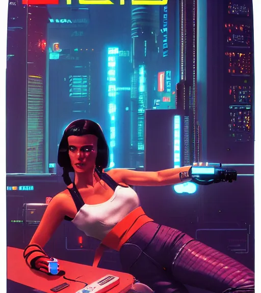 Image similar to cable inserted into head, jacked into cyberdeck wrist terminal, very very beautiful cyberpunk woman, computer, 1 9 7 9 omni magazine cover, style by vincent di fate, cyberpunk 2 0 7 7, very coherent, detailed, 4 k resolution, unreal engine, daz