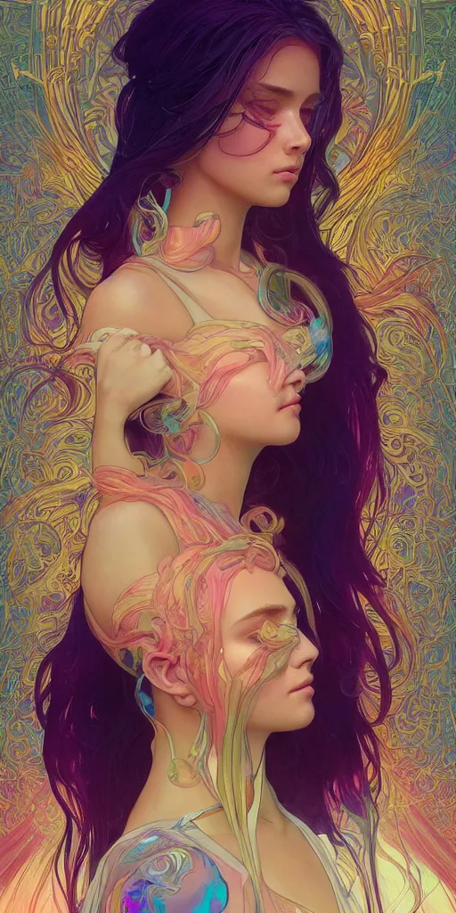 Prompt: beautiful, young woman, sad eyes, tears running down, vaporwave aesthetic, synthwave, colorful, psychedelic, long gown, ornate, intricate, digital painting, artstation, concept art, smooth, sharp focus, illustration, art by artgerm and greg rutkowski and alphonse mucha