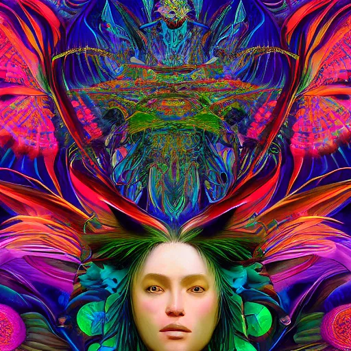 Image similar to A reality bending psychedelic ayahuasca experience, colorful, distorted, surreal, tropical bird feathers, dramatic lighting on the face, intricate, elegant, highly detailed, fire flies, digital painting, concept art, smooth, sharp focus, illustration, art by Krenz Cushart and Wayne Barlowe and alphonse mucha