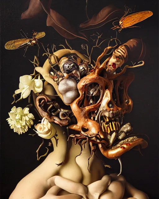 Image similar to refined gorgeous blended oil painting with black background by christian rex van minnen rachel ruysch dali todd schorr of a chiaroscuro portrait of an extremely bizarre disturbing mutated man made of still life flowers and rubber insects with shiny skin acne dutch golden age vanitas intense chiaroscuro cast shadows obscuring features dramatic lighting perfect symmetry perfect composition masterpiece