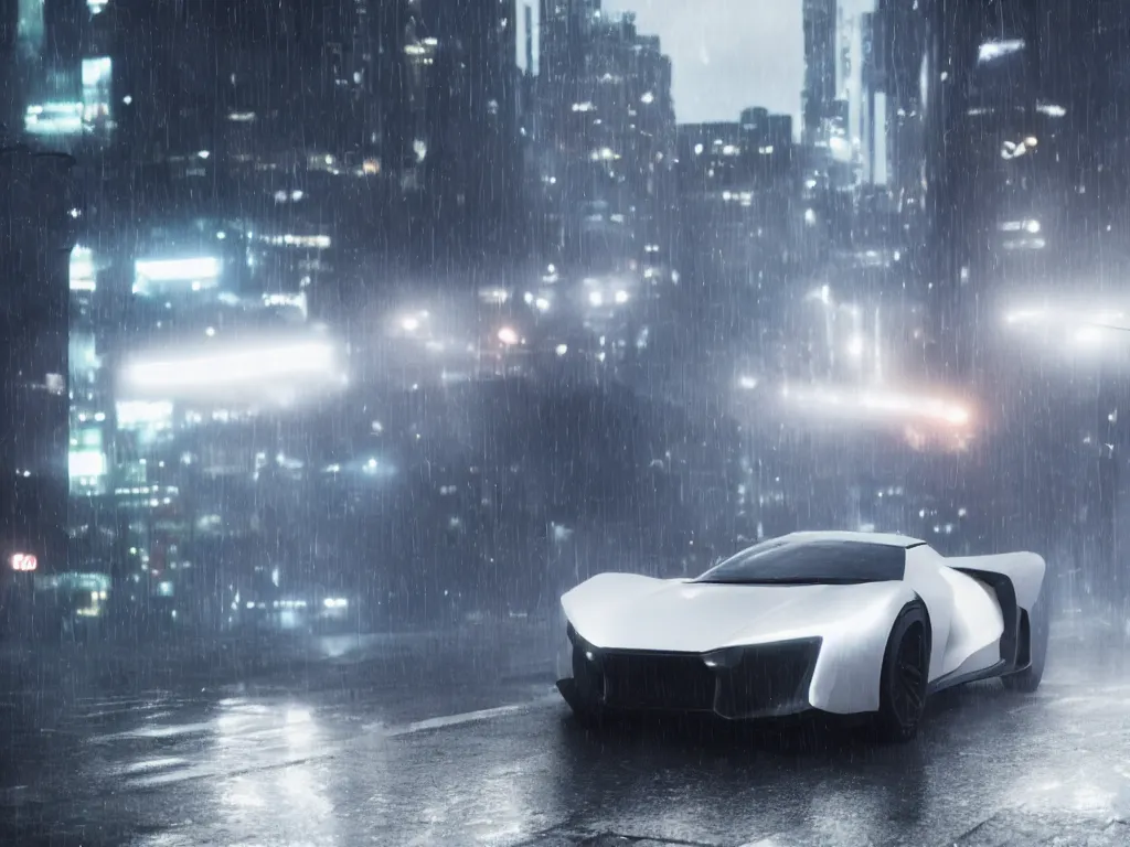 Image similar to film still of a Futuristic supercar on wet city streets, mist, volumetric lighting, octane, cyberpunk