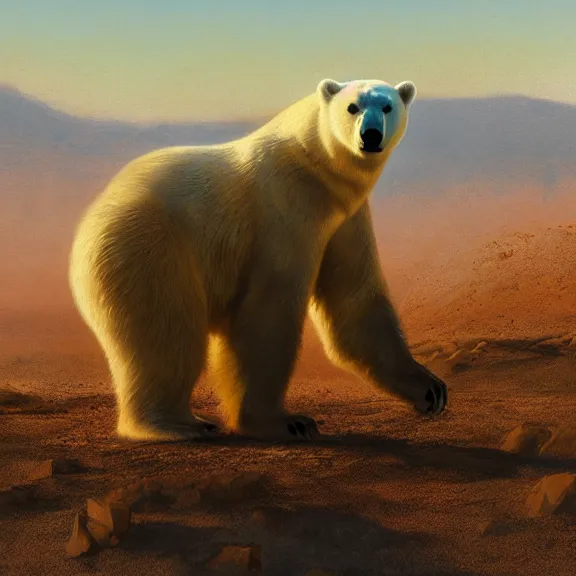 Prompt: polar bear in the desert painting by craig mullins octane rendering soft morning lighting wide angle lens in the style of hayao