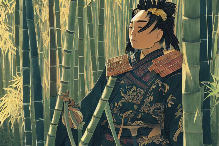 Image similar to close up of samurai in full armor, in a mysterious and bamboo forest, golden hour, by fiona staples, range murata, alphonse mucha