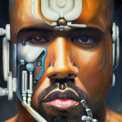 Image similar to a realistic oil painting of a cybernetic kanye west cyborg, surrealism portrait, post apocalyptic album cover