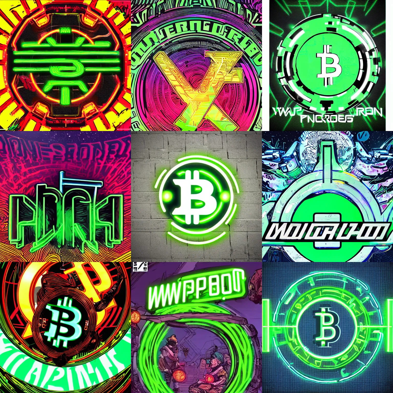 Prompt: waporware neon green bitcoin logo centered! that looks like it is from borderlands, logo by feng zhu and loish and laurie greasley, victo ngai, andreas rocha, john harris