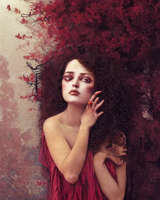 Prompt: a beautiful but sinister girl in layers of fear, with haunted eyes and curly hair, eerie moorlands behind her, 1 9 7 0 s, seventies, delicate embellishments, a little blood, crimson, painterly, offset printing technique, by alexandre cabanel