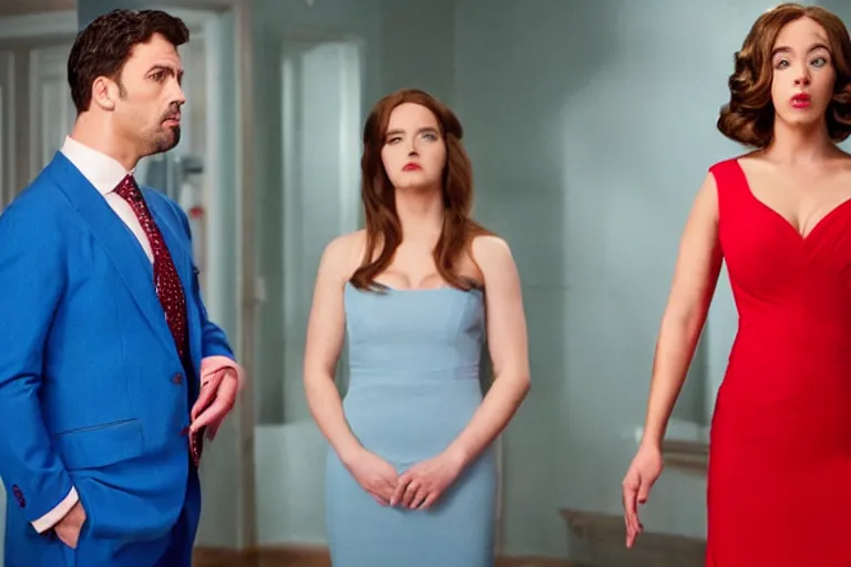 Image similar to full body film still of a man longingly looking at a distant woman in a red dress as a woman in a blue dress looks disgusted at the man in the new romance comedy movie, dramatic angle, dramatic lighting