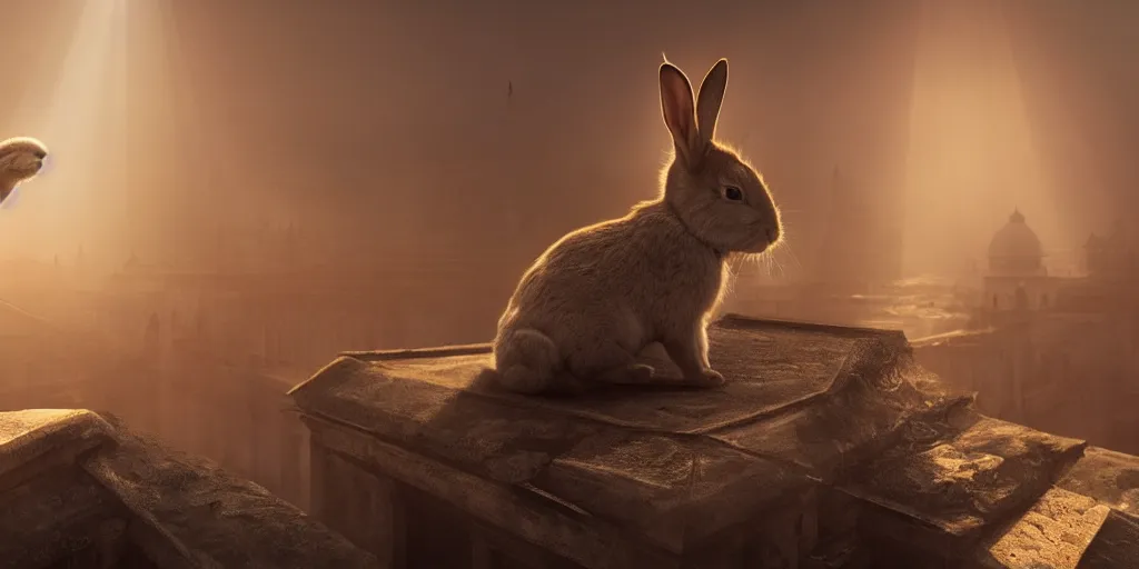 Prompt: A rabbit sits on the roof of a temple, close-up, light through the mist, dramatic lighting, photorealistic, cinematic lighting, high detail, cinematic feel, high octane, 4K, Unreal Engine, digital render, intricate, ultra realistic, concept art