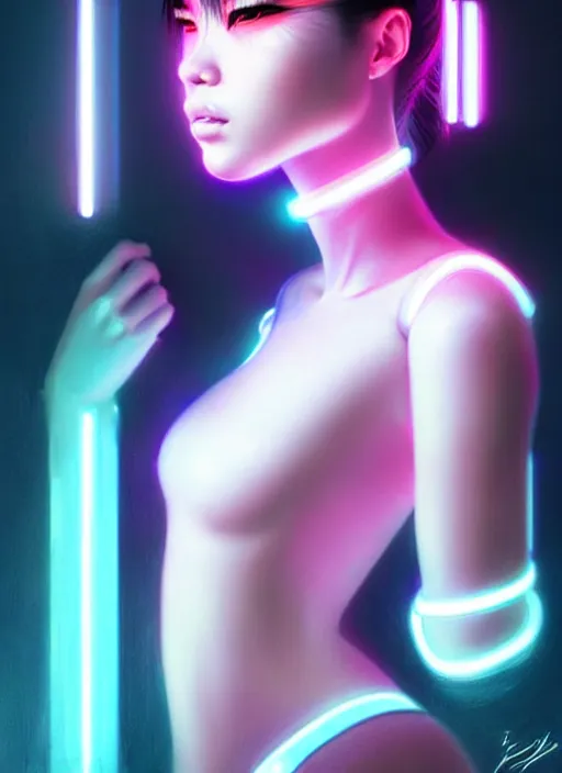 Prompt: photorealistic portrait of futuristic oriental female humanoid with freckle cheeks, cyber neon lightings, cyberpunk high fashion, elegant profile pose, intricate details, crispy quality, digital photography, trending in artstation, trending in pinterest, no watermark signature, cinematic, 4 k ultra hd, art by artgerm, art by greg rutkowski, art by pascal blanche