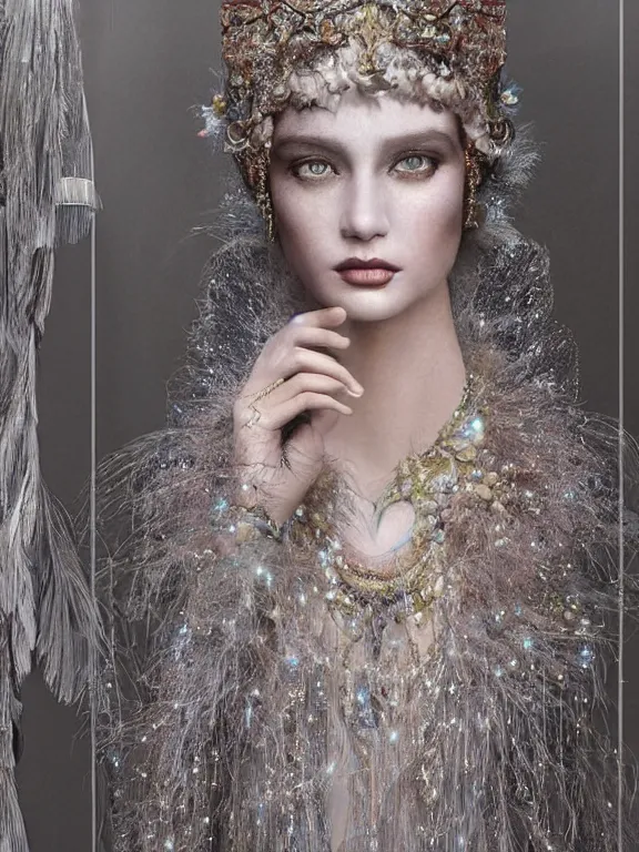 Prompt: realistic 3d character render of a beautiful model in the bergdorf goodman windows, veiled, embellished sequined,feather-adorned,by tom bagshaw,Cedric Peyravernay,William Holman Hunt,William Morris,Catherine Nolin,metropolis,Gucci,Dior,trending on pinterest,maximalist,glittering,feminine