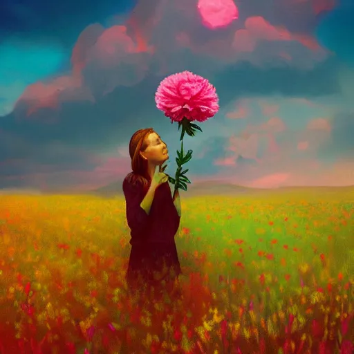 Image similar to giant carnation flower head, girl in a flower field, surreal photography, sunrise dramatic light, impressionist painting, colorful clouds, digital painting, artstation, simon stalenhag, flower face