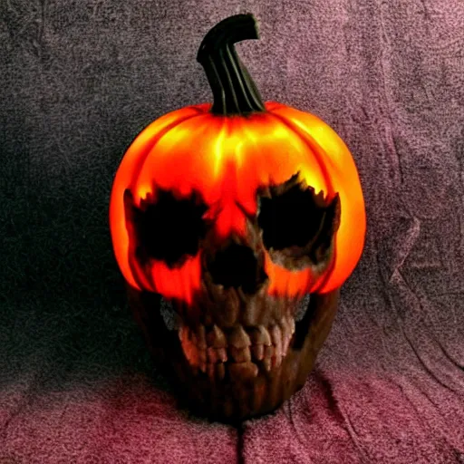 Prompt: a demonic skull sculpted into a lighted pumpkin, highly detailed, realistic, photo