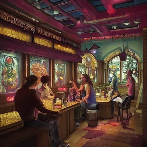 Image similar to “a fantasy fast food restaurant called ‘Goodberry’, based off of Good Burger, fantastical ambience, D&D, fantasy, intricate, cinematic lighting, highly detailed, digital painting, artstation, concept art, smooth, sharp focus, illustration, art by Artgerm and Greg Rutkowski and Alphonse Mucha”