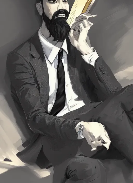 Prompt: a highly detailed illustration of fierce short black haired asian man with goatee wearing suit, dramatic reading book pose, muscular, intricate, elegant, highly detailed, centered, digital painting, artstation, concept art, smooth, sharp focus, league of legends concept art, WLOP