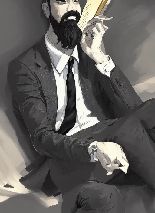 Image similar to a highly detailed illustration of fierce short black haired asian man with goatee wearing suit, dramatic reading book pose, muscular, intricate, elegant, highly detailed, centered, digital painting, artstation, concept art, smooth, sharp focus, league of legends concept art, WLOP