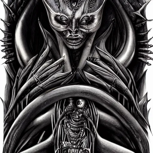 Image similar to Giger portrait of queen dragon, HD, soft shading, hyperdetailed, wide angle lens, fantasy, futuristic horror, style of giger