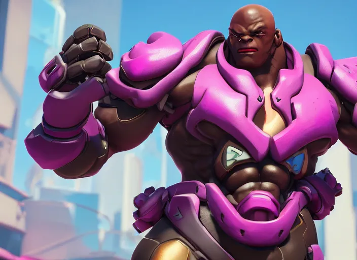 Image similar to doomfist, pink suit, overwatch game, digital art, high detailed, artstation, octane render