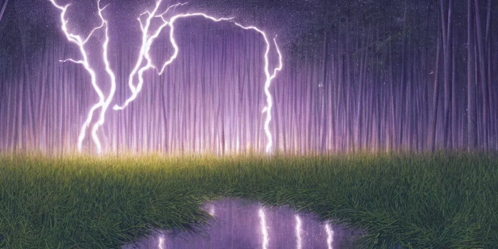 Image similar to a lightning bolt cuts through a bamboo forest, tiny fireflies glowing, 4 k wallpaper, drawn by hiroshi yoshida.