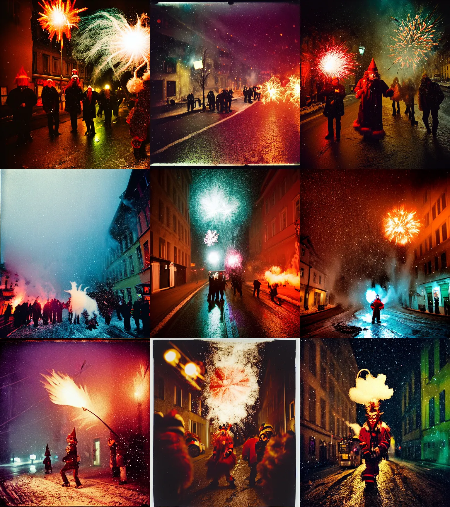 Image similar to kodak portra 4 0 0, wetplate, winter, snowflakes, rainbow coloured rockets, chaos, glitter tornados, award winning dynamic photo of a bunch of hazardous krampus between exploding fire barrels by robert capas, motion blur, in a narrow lane in salzburg at night with colourful pyro fireworks and torches, teal lights