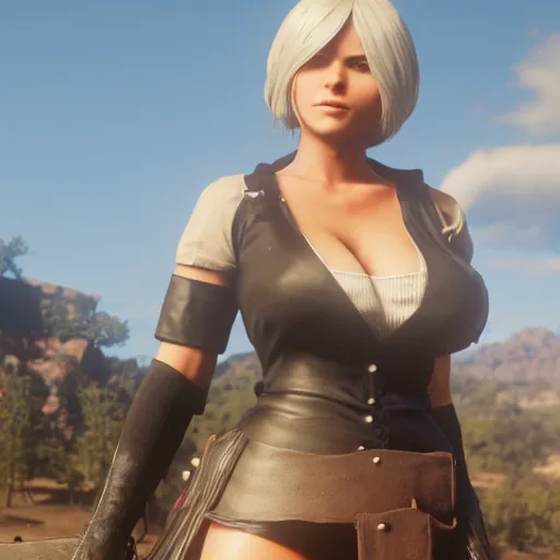Image similar to photo of 2B nier automata in red dead redemption 2, medium full shot, detailed skin and detailed face and a thick thighs, safe for work, artstation, artstation HQ, hd, 4k resolution