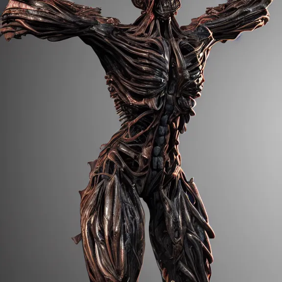 Image similar to highly detailed full body picture of a biomechanical statue, grotesque, bizarr, fleshy, character art, studio lightning, dark colors, intricate, masterpiece, photorealistic, hiperrealistic, sharp focus, high contrast, Artstation HQ, DeviantArt trending, 4k UHD, Unreal Engine 5