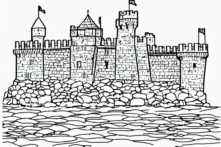 Image similar to an old castle on a seaside cliff coloring book, line art, simple, low detail