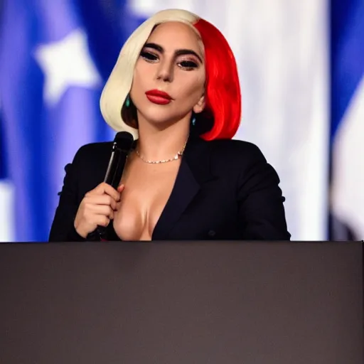 Image similar to Lady Gaga as president, Argentina presidential rally, Argentine flags behind, bokeh, giving a speech, detailed face, Argentina