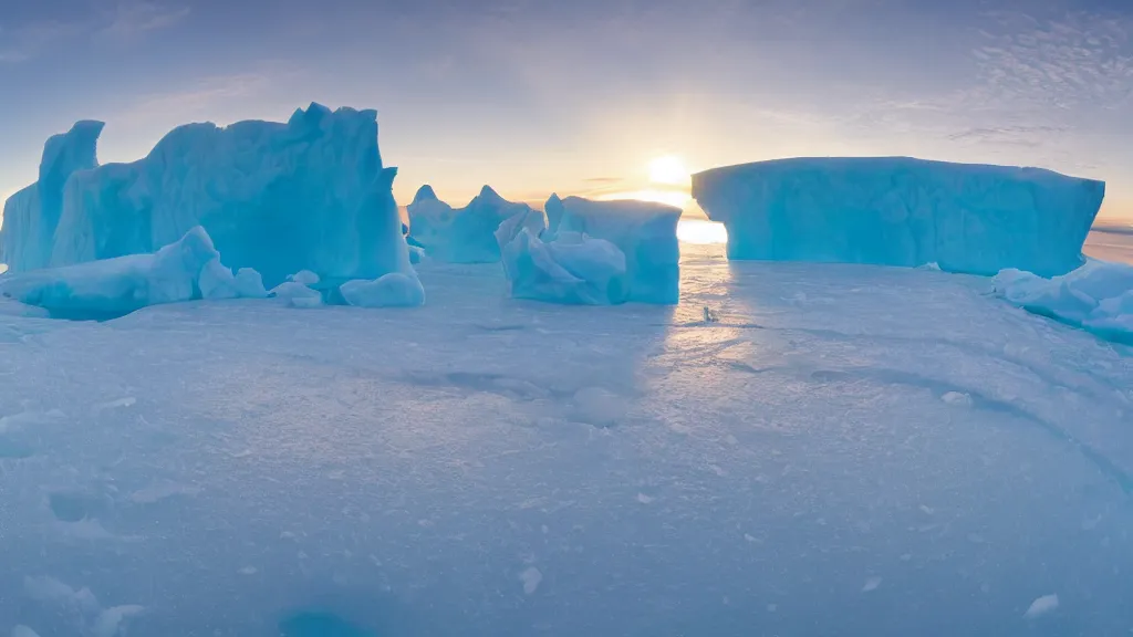 Prompt: photo of the most beautiful panoramic landscape, where a giant iceberg is lost in the frozen artic ocean, a giant polar bear is exhaling steam while walking over the iceberg, the frozen artic ocean is reflecting the giant polar bear and the ray lights of the sunrise are brightening him