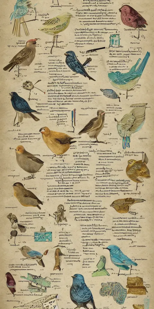 Image similar to anatomy of a bird, diagrams, map, marginalia, sketchbook, old script, inhabited initials, pastel infographic by Wes Anderson