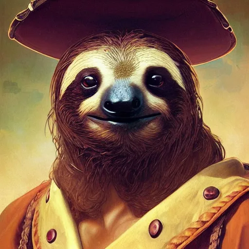 Prompt: Portrait of a Sloth as a Pirate, photo, highly detailed oil painting, photorealistic, highly detailed, digital painting, artstation, concept art, smooth, sharp focus, illustration, art by artgerm and greg rutkowski and alphonse mucha