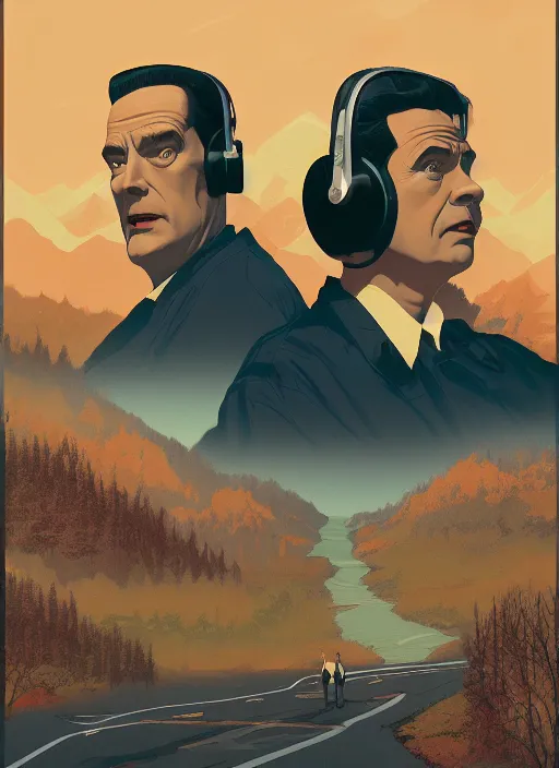 Prompt: Twin Peaks poster artwork by Michael Whelan and Tomer Hanuka, Rendering of The Conversation listening on old headphones, full of details, by Makoto Shinkai and thomas kinkade, Matte painting, trending on artstation and unreal engine