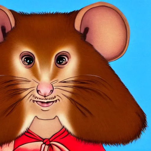 Prompt: a portrait of a human-rat hybrid with brown fur wearing a red kimono, cartoon