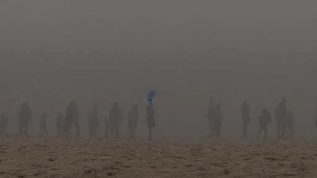 Prompt: the strange overlords watch us watch television, film still from the movie directed by Denis Villeneuve with art direction by Zdzisław Beksiński, wide lens