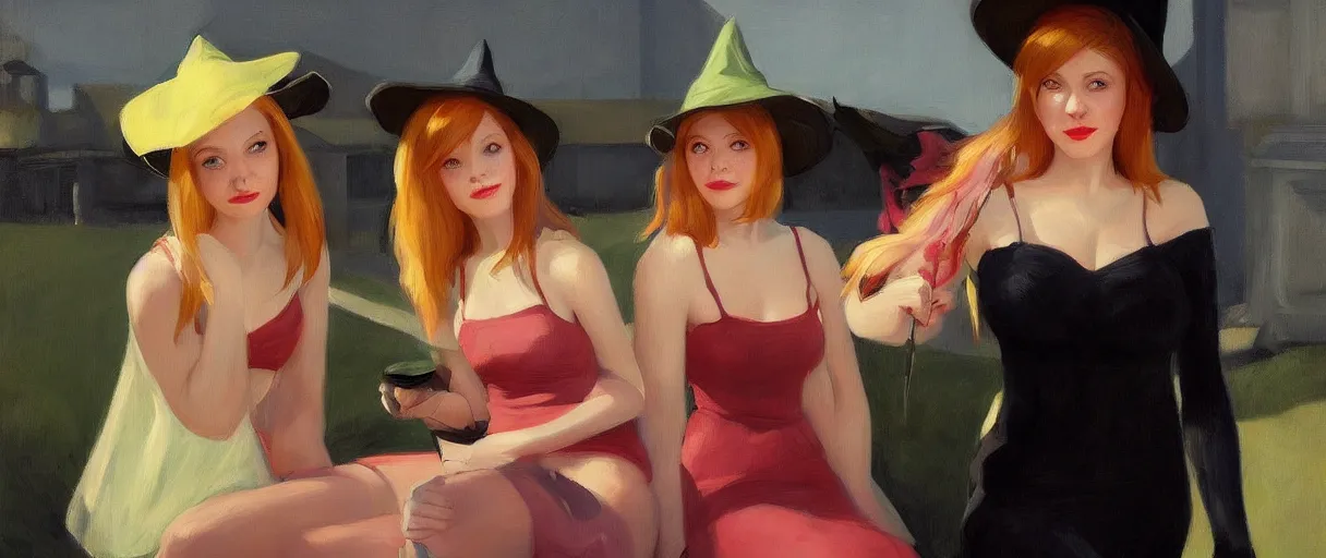 Prompt: a realistic flirty witch sisters portrait, by edward hopper, new artstation artist,