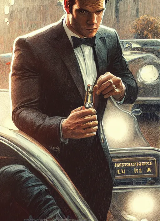 Prompt: portrait of henry cavill as james bond, casino, rain, vintage car, highly detailed, digital painting, artstation, concept art, cinematic lighting, sharp focus, illustration, by gaston bussiere alphonse mucha