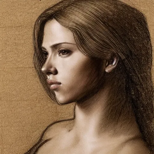 Prompt: a finished, detailed portrait sketch on parchment of a very young scarlett johansson, by leonardo davinci