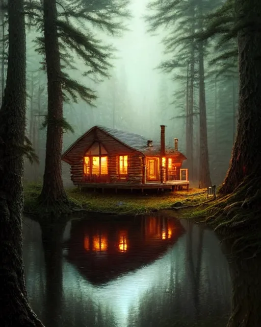 Image similar to a hyper - detailed 3 d render like an oil painting of cabin in the woods floating inside our own consciousness!!!!! surreal concept art, lifelike, photorealistic, digital painting, aesthetic, smooth, sharp focus, artstation hd, by greg rutkowski, bruce pennington, valentina remenar, rhads, asher duran,