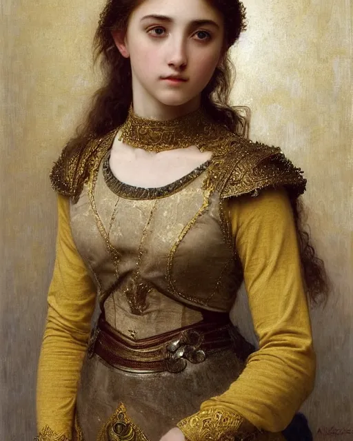 Image similar to a 16-year old girl who resembles Ana de Armas and Saoirse Ronan, dressed in ornate, detailed, intricate golden armor, detailed oil painting by William Adolphe Bouguereau