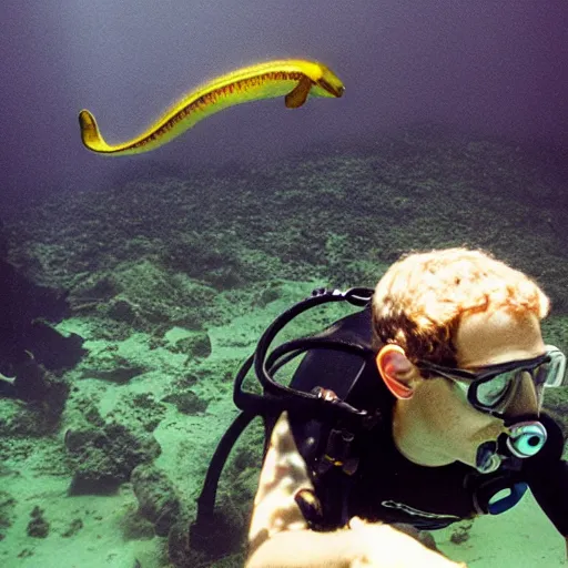 Image similar to mark zuckerberg scuba diving underwater, long reptilian tail, photo by annie leibovitz,