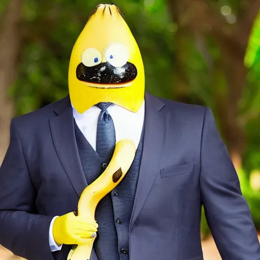 Image similar to a person with suit that has a banana head